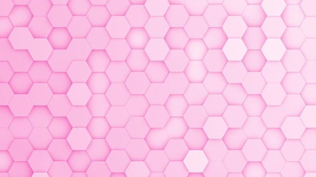 Pink hexagons moving up and down in a random pattern. 3D animated motion background loop. Top down isometric view.