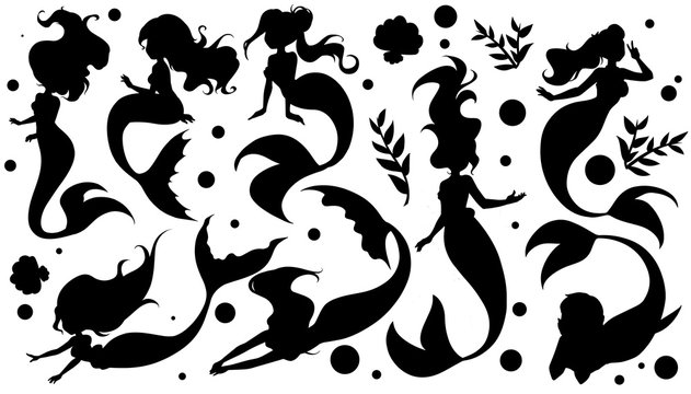 Set of black ink hand drawn cartoon sketch of mermaids. Vector illustration. Silhouette collection.