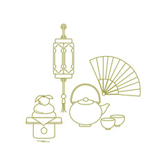 Chinese lantern, kettle, cups, fan, kagami mochi.