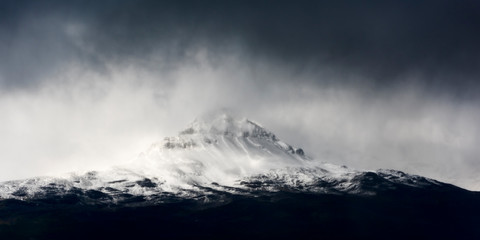 Fototapeta na wymiar Cold fogging morning trek to Los Cuernos, Patagonia, Chile, South America