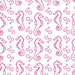 Vector seamless pattern with sea horses, bubbles