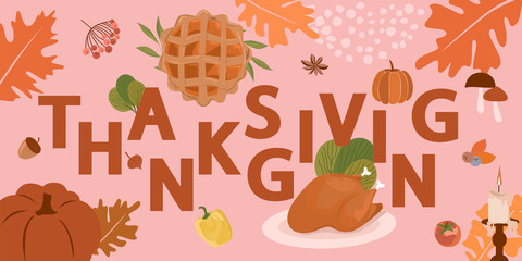 Happy Thanksgiving Day poster with turkey, pumpkin pie, vegetables, autumn leaves. Editable vector illustration.