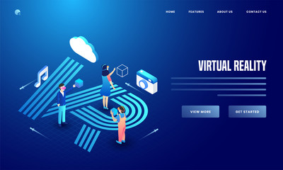 User using social media & analytics tools of camera, cloud and music notes on creative blue background for Virtual Reality website poster or landing page design.
