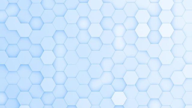 Light blue hexagons moving up and down in a random pattern. 3D animated motion background loop. Top down isometric view.