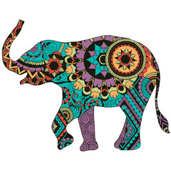 Fototapeta premium Elephant with an oriental pattern. An elephant richly decorated with Indian ornaments, on a white background.