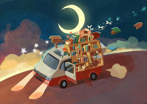 Libraries, buses, buses, books, books, cars, moons, nights, lovely children, illustrations, literature and art, small and fresh, car lights,