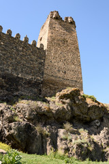 Massive tetrahedral tower Khertvisi - Georgian medieval fortress. Samtskhe-Javakheti region, southern Georgia