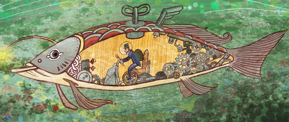Fisch, Schwimmen, u-Boot, Spielzeug, Kinder, Fantasy, Fantasy, Magie, Märchen, Land des kleinen Mannes, Illustration, Meeresboden, © zhenliu