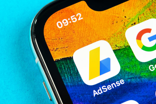 Helsinki, Finland, May 4, 2019: Google AdSense application icon on Apple iPhone X screen close-up. Google AdSense app icon. Google AdSense application. Social media network