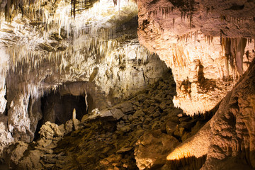 Stalagmites and stalactites in Ruakuri Cave, Waitomo, New Zealand
