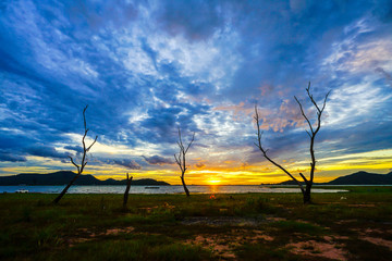 Silhouette sunset at Bang phra reservoir ,sriracha chon buri,  thailand