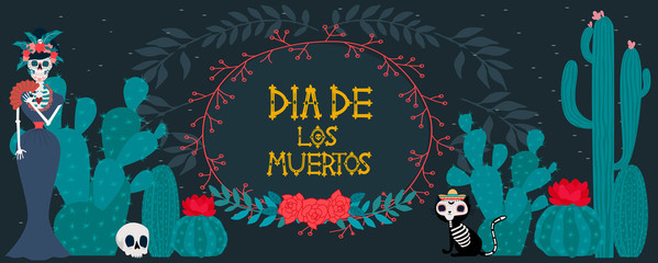 Day of the dead festival poster with skeleton. Mexican traditional holiday. Mexican wording translation: "Day of the dead". Editable vector illustration.
