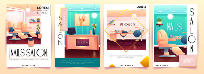 Nails salon banners set. Manicure, pedicure beauty procedures ad posters, studio interior with reception desk, furniture, appliances, table, clients transforming armchair Cartoon vector illustration