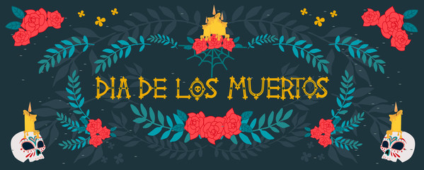 Day of the dead festival poster with skeleton and floral, Mexican traditional holiday. Mexican wording translation: "Day of the dead". Editable vector illustration.