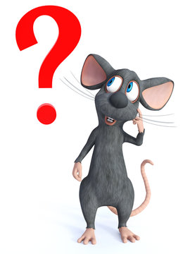 3D rendering of a confused cartoon mouse with question mark.