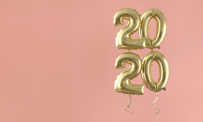 Happy new year 2020 gold foil balloon celebration background. 3D Rendering