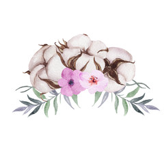 Obraz premium Watercolor peony, cotton, wild flowers bouquet. Artistic leaves, flowers and branch combination. Hand drawn botanical illustration. Isolated flowers posy on white background.