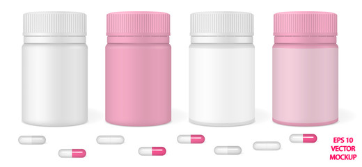 Set of vector realistic images of matte plastic packaging for tablets (vitamins or cosmetics) in white and pink with a label and without a label and tablets (pills, vitamins) of white and pink. EPS 10
