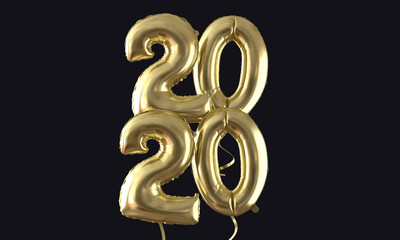 Happy new year 2020 gold foil balloon celebration background. 3D Rendering