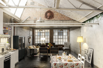 Küche mit Wohnzimmer in alter Loft Wohnung