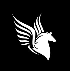 mythical pegasus horse profile head - side view winged stallion black and white evctor design