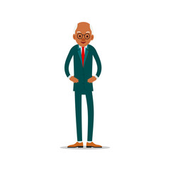 Obraz premium Attractive african old man. Older black senior retired. Cute grandfather standing and smiling. Traditional retirement lifestyle. Cartoon illustration isolated on white background in flat style