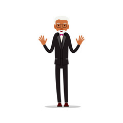 Attractive african old man. Older black senior retired. Cute grandfather standing and smiling. Traditional retirement lifestyle. Cartoon illustration isolated on white background in flat style