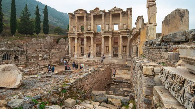 Time lapse video of Library of Celsus in Ephesus Izmir, Turkey