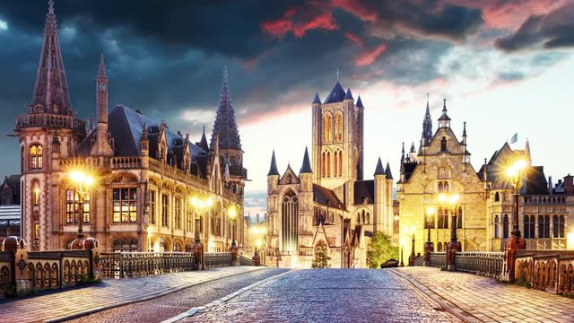Ghent in Belgium at sunset to night, Time lapse