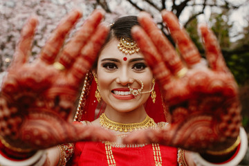 Portrait of a beautiful Indian bride in a traditional wedding dress
