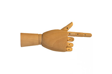 A hand of wood doll make fingers to touch, direct, move isolated white background at the studio. 