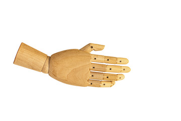 A hand of wood doll make fingers to touch, direct, move isolated white background at the studio. 