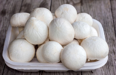 champignon mushrooms in a white container on a wooden background close-up