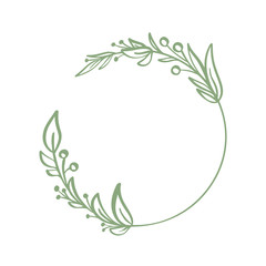 Naklejka premium Frame of wreath with leaves and branches. Decor design with place for your text isolated on white. Sketched floral and herbs garland. Handdrawn vector style, nature illustration