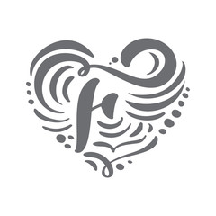 Naklejka premium Heart vector Hand Drawn calligraphic scandinavian floral F logo. Uppercase Hand Lettering Letter F with curl. Wedding Floral Design