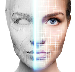 Cyborg woman with machine part of her face being scanned.