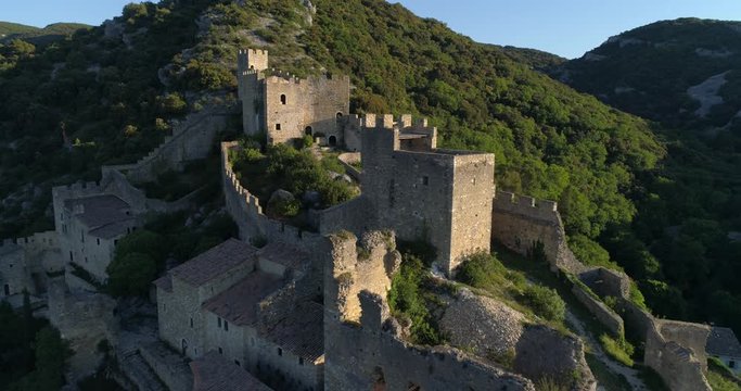 Saint-Montan castle aerial approach, Ardèche, France