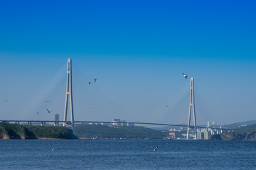 Fototapeta na wymiar Marine landscape with views of the Russian bridge on the horizon.