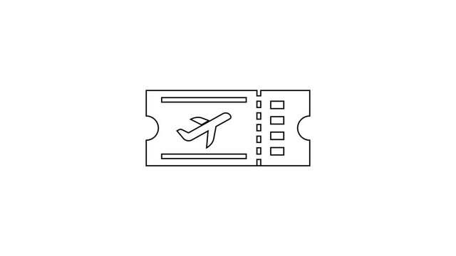 Black Airline ticket line icon on white background. Plane ticket. 4K Video motion graphic animation