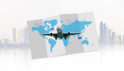 airplane with world  map for travel or business trip concept