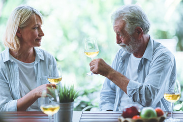 Senior couple celebrating retirement outdoor.  White man and woman. Holding white wine glasses with tropical garden in background. Happy talk.
