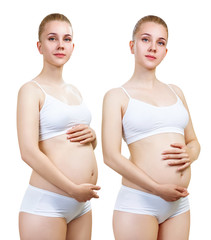 Collage of pregnant woman in white underwear.