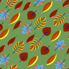 autumn seamless pattern with colorful leaves.Perfect for seasonal and Thanksgiving Day greeting cards,For textiles, packaging, fabric, wallpaper.  hand drawing.  