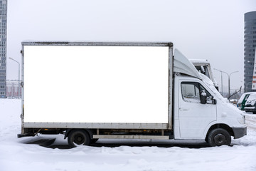 large empty white advertising space on an old truck van, mock-up
