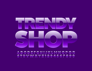 Vector glossy Logo Trendy Shop. Stylish Uppercase Font. Violet Alphabet Letters and Numbers.