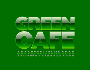 Vector stylish banner Green Cafe. Bright glossy Font. Creative Alphabet Letters and Numbers.