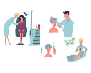Cosmetology, plastic surgery, - flat vector illustration clinic of aesthetic medicine , medical office or laboratory, the doctor does the procedure to the patient.
