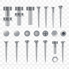 Set of 3d realistic metal screws, stainless steel bolts, nuts, rivets and nails isolated on a transparent background. 