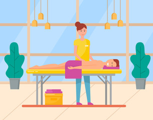 Naklejka premium Young man enjoying relaxing back massage from professional masseuse in cosmetology spa centre. Male patient lying on table. Body care, treatment concept vector. Flat cartoon