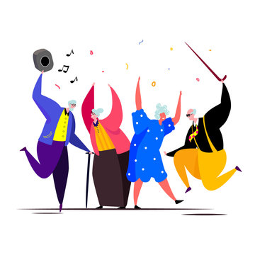 Happy seniors dansing with their friends and having fun in a cheerful mood